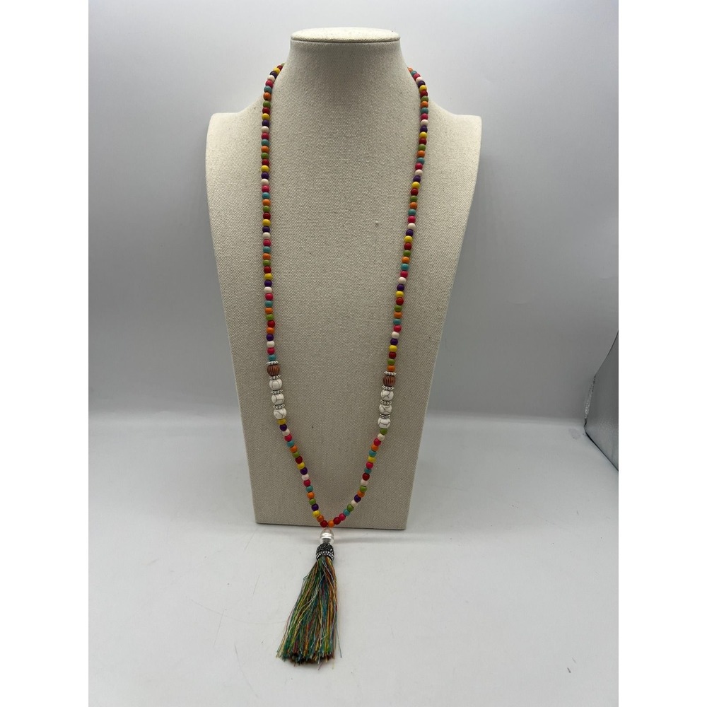 Beaded Rhinestone Tassel Necklace Boho‎ Festival Eclectic Multi Color Stone Wood